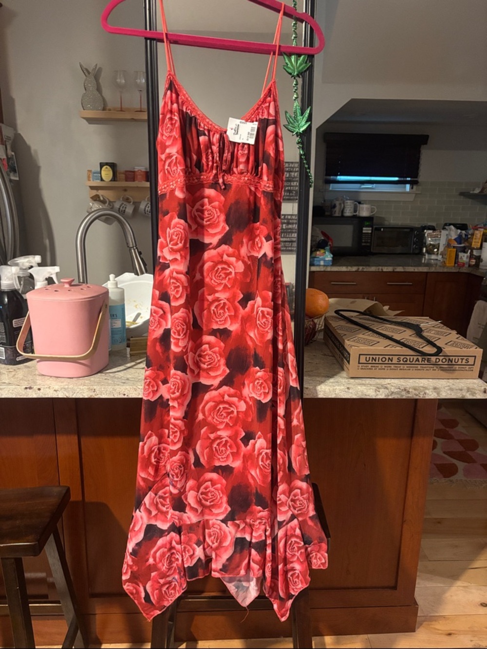 Fashion Nova Red Rose-Print Slip Dress with Ruffle Hem
